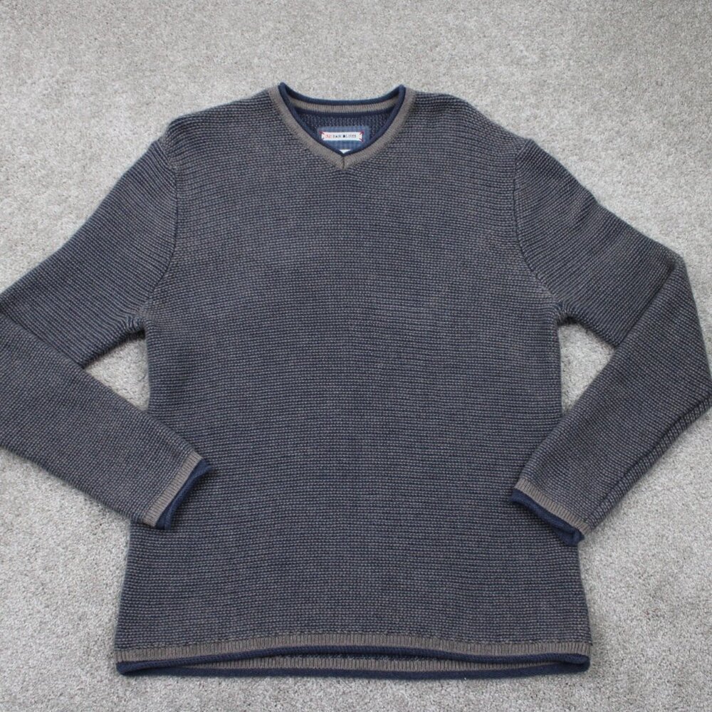 32 Bar Blues Sweater Mens XL‎ Blue/Gray Chunky Knit 100% Cotton L/S Sweatshirt